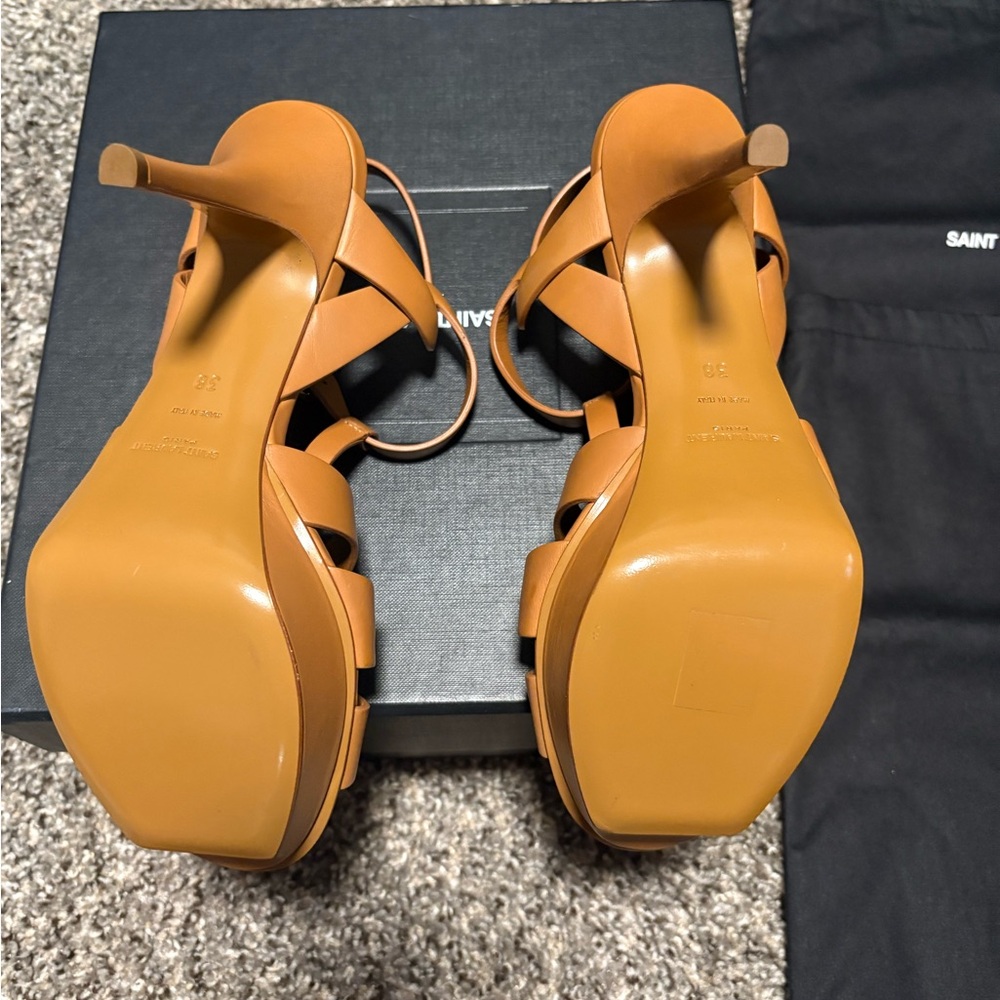 Saint Laurent Tan Leather T-Strap Platform Heels - Picture 10 of 11